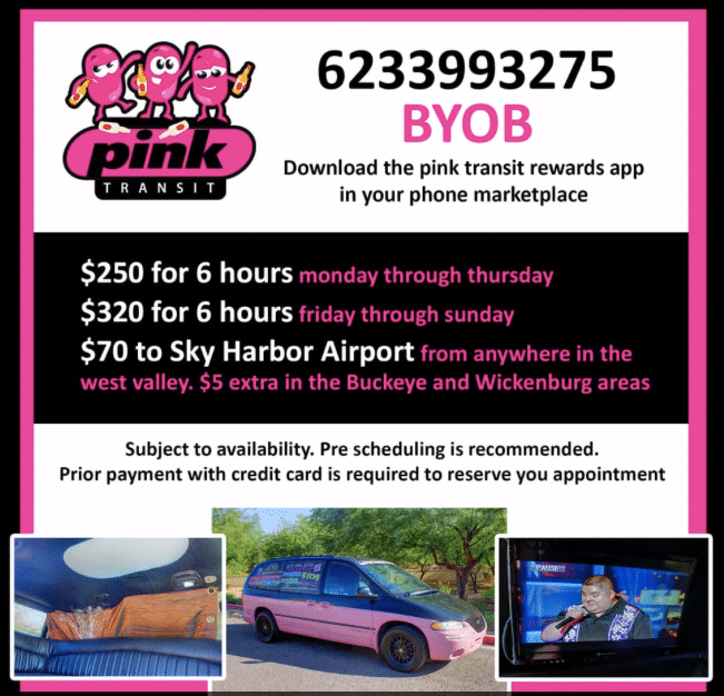 Ad for pink transit showing they can provide airport shuttle service in Surprise AZ